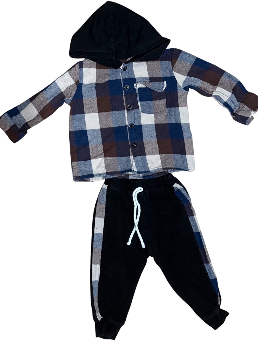 Kids Black & Navy Plaid Hooded Set - Unbranded